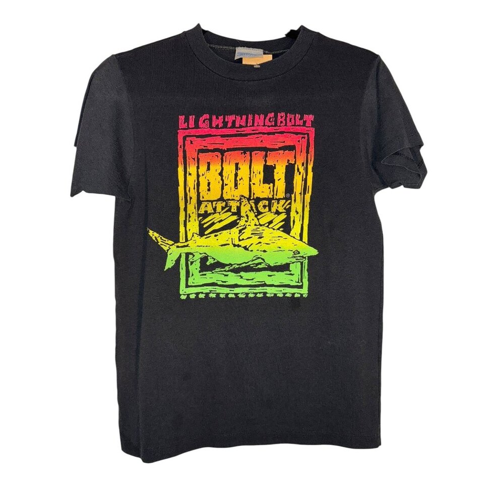 Vintage Shark Tee Neon Shark Lightning Bolt Attack